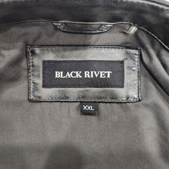 Black Rivet Faux Leather Jacket Mens XXL Black Biker Moto Coat Lined Ribbed - Picture 6 of 12